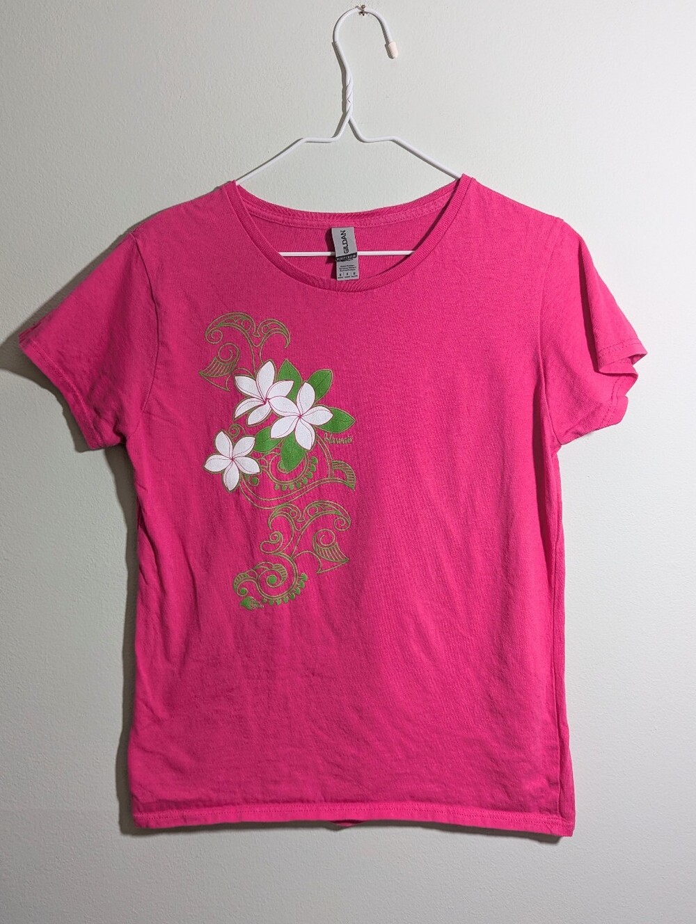 Vintage Y2K Hawaiian Hibiscus Pink Green T-Shirt Womens Medium Fitted